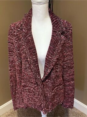 Chico’s Chanel-esque Womens Marled Burgundy Open-Front Knit Jacket